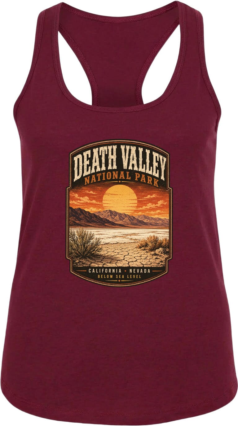A maroon tank top with a graphic design depicting Death Valley National Park and the surrounding landscape.