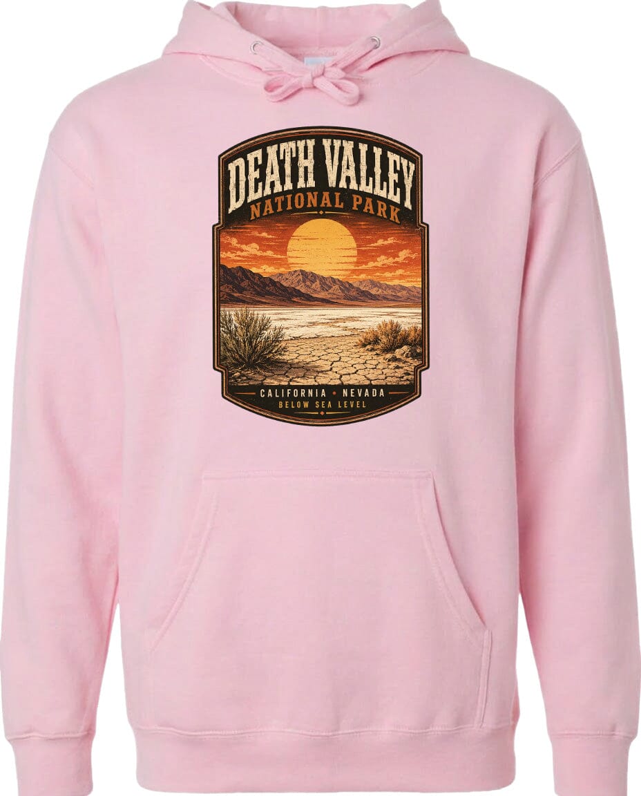 A pink hoodie with a graphic design depicting Death Valley National Park in California, Nevada.