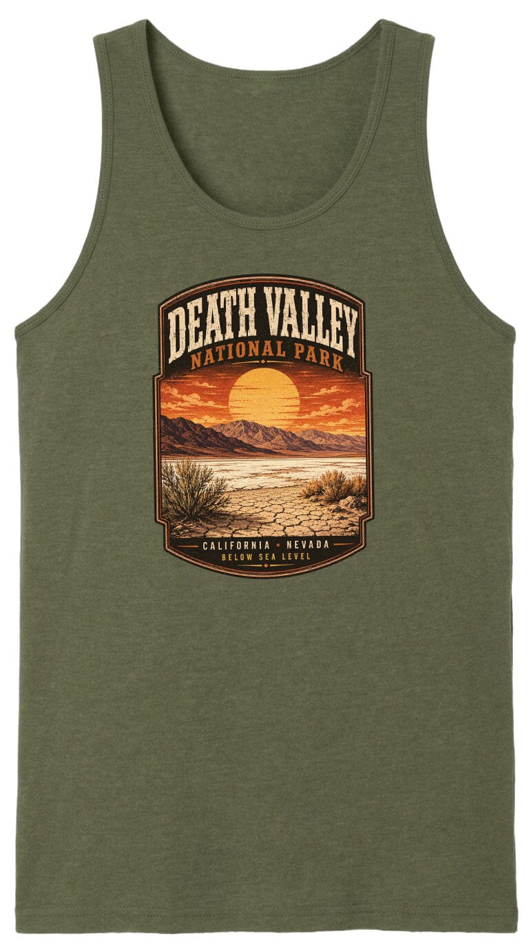 A graphic design on a green tank top depicting a desert landscape with mountains, a sunset, and the text "DEATH VALLEY NATIONAL PARK CALIFORNIA - NEVADA".