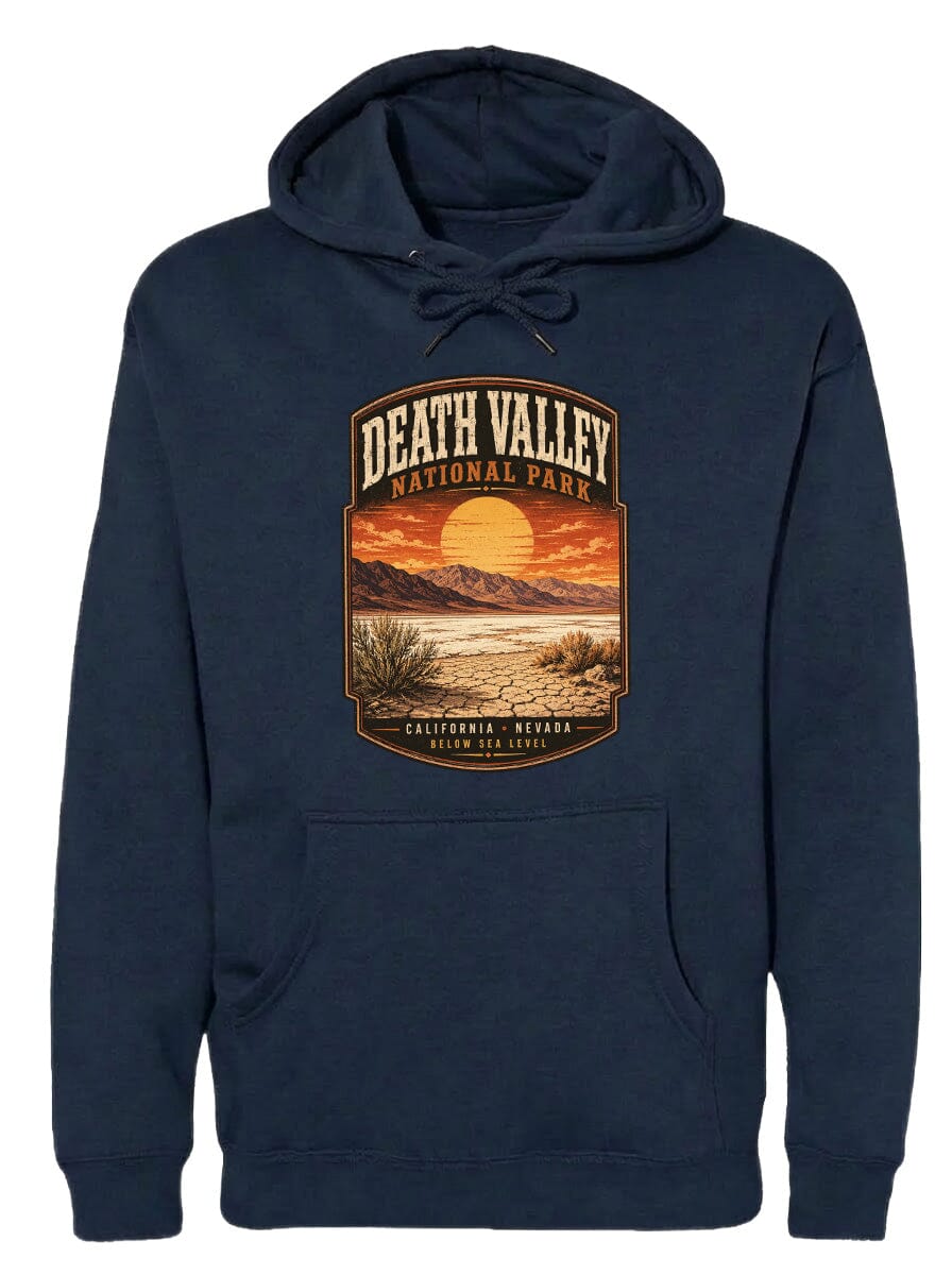 A navy blue hoodie with a graphic design depicting a sunset over Death Valley National Park, California, Nevada.
