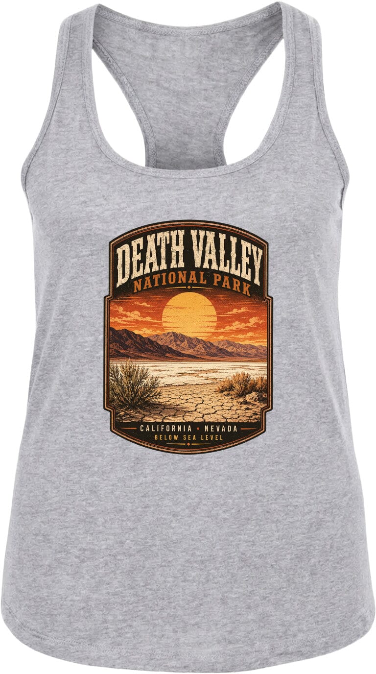 A gray tank top with a graphic design depicting Death Valley National Park, including a sunset over the desert landscape and mountains in the background.