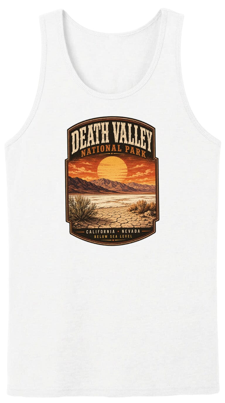 A white tank top with a graphic design depicting Death Valley National Park in California, Nevada.