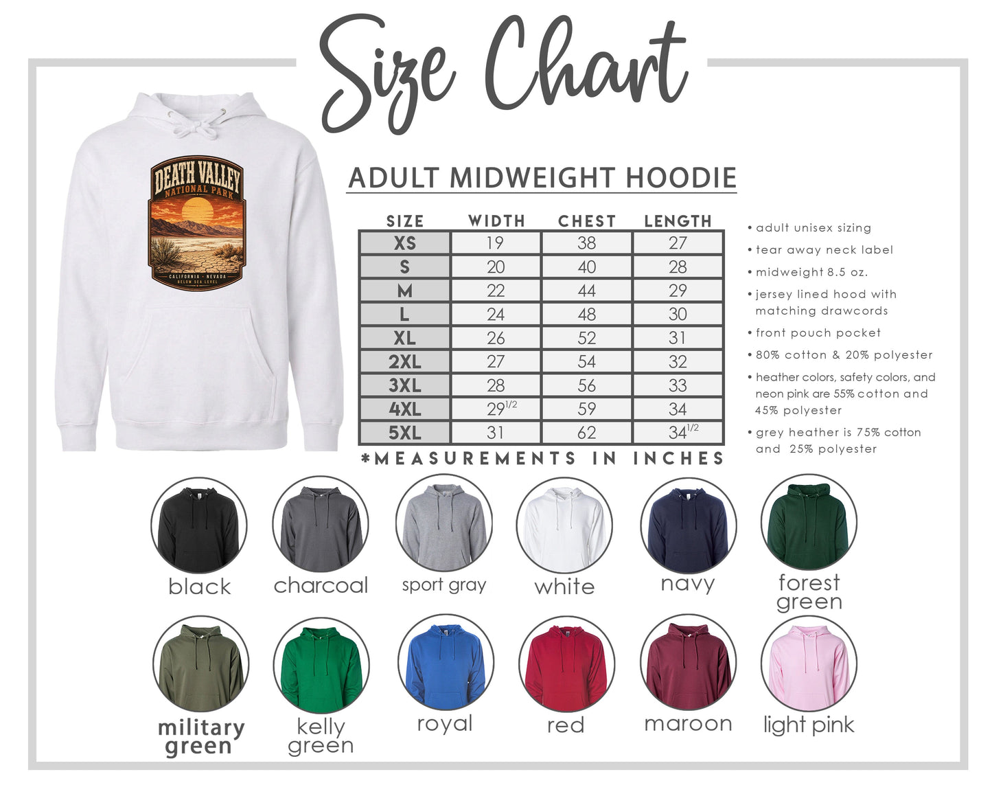 The image is a size chart for an adult midweight hoodie, including various color options and corresponding measurements in inches.