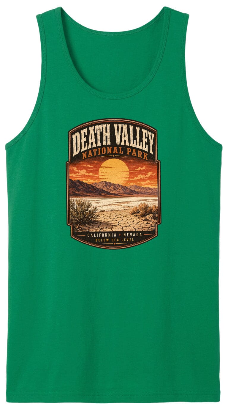 A green tank top with a graphic design depicting Death Valley National Park, including a sunset landscape and mountains.