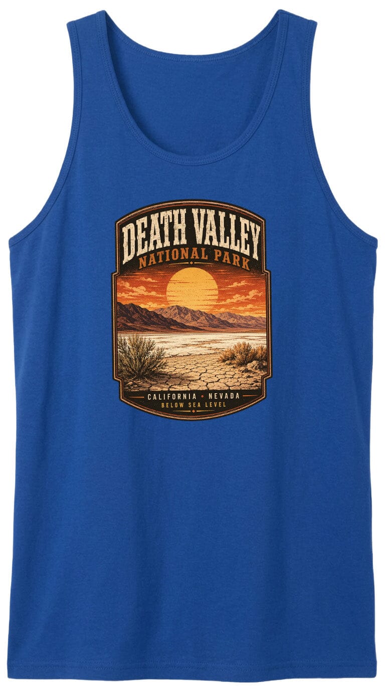 A blue tank top with a graphic design depicting Death Valley National Park, including a sunset landscape and mountains.