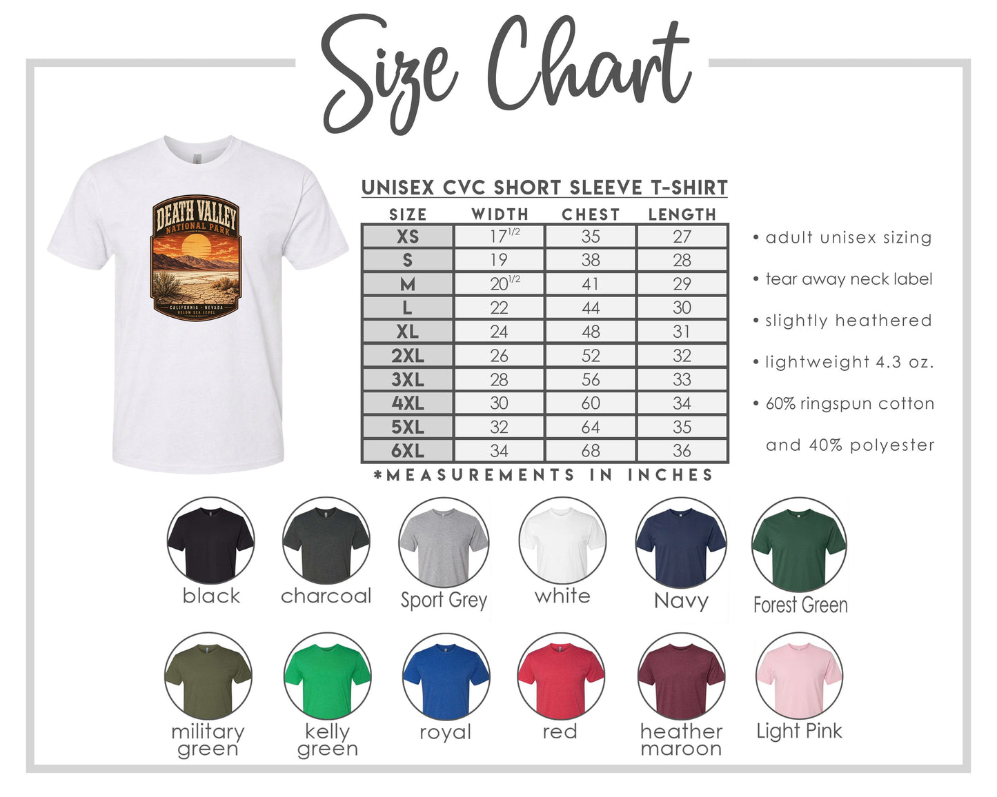 The image is a size chart for a UNISEX CVC short sleeve t-shirt. It includes a white t-shirt with a graphic design and a size chart with different sleeve sizes and corresponding measurements.