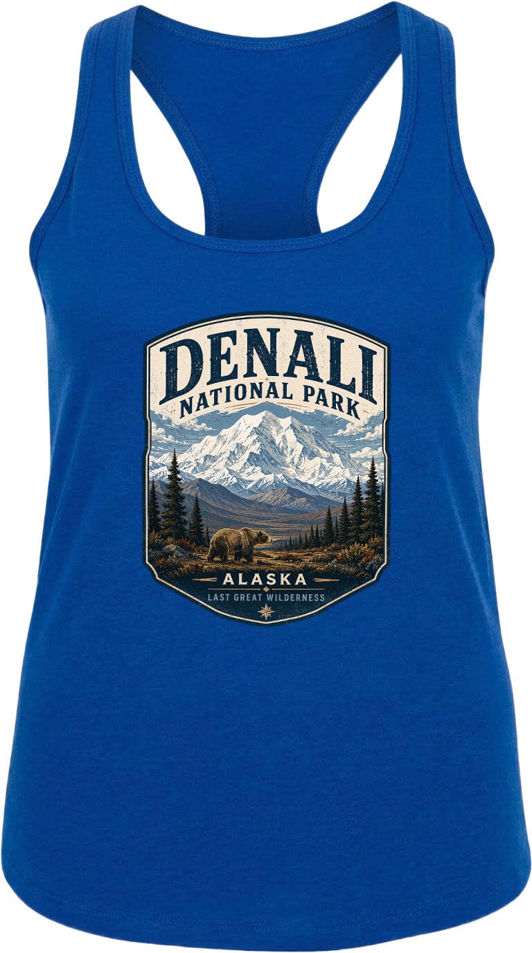 A blue tank top with a graphic design depicting Denali National Park and Alaska.