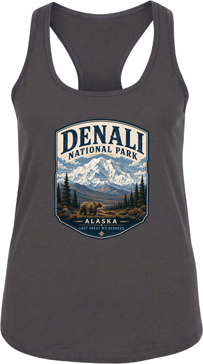 A gray tank top with a graphic design featuring a mountain landscape and the text "DENALI NATIONAL PARK ALASKA LAST GREAT WILDERNESS".