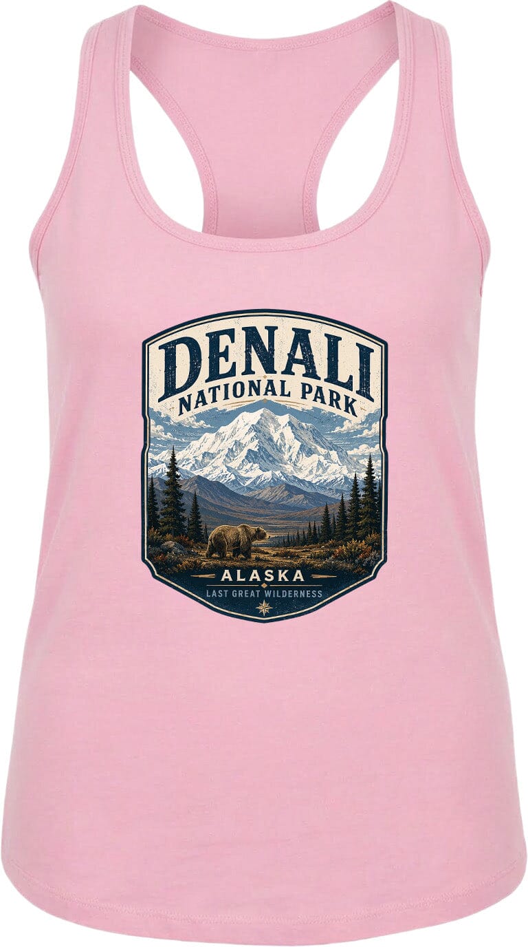 A pink tank top with a graphic design depicting Denali National Park and Alaska.