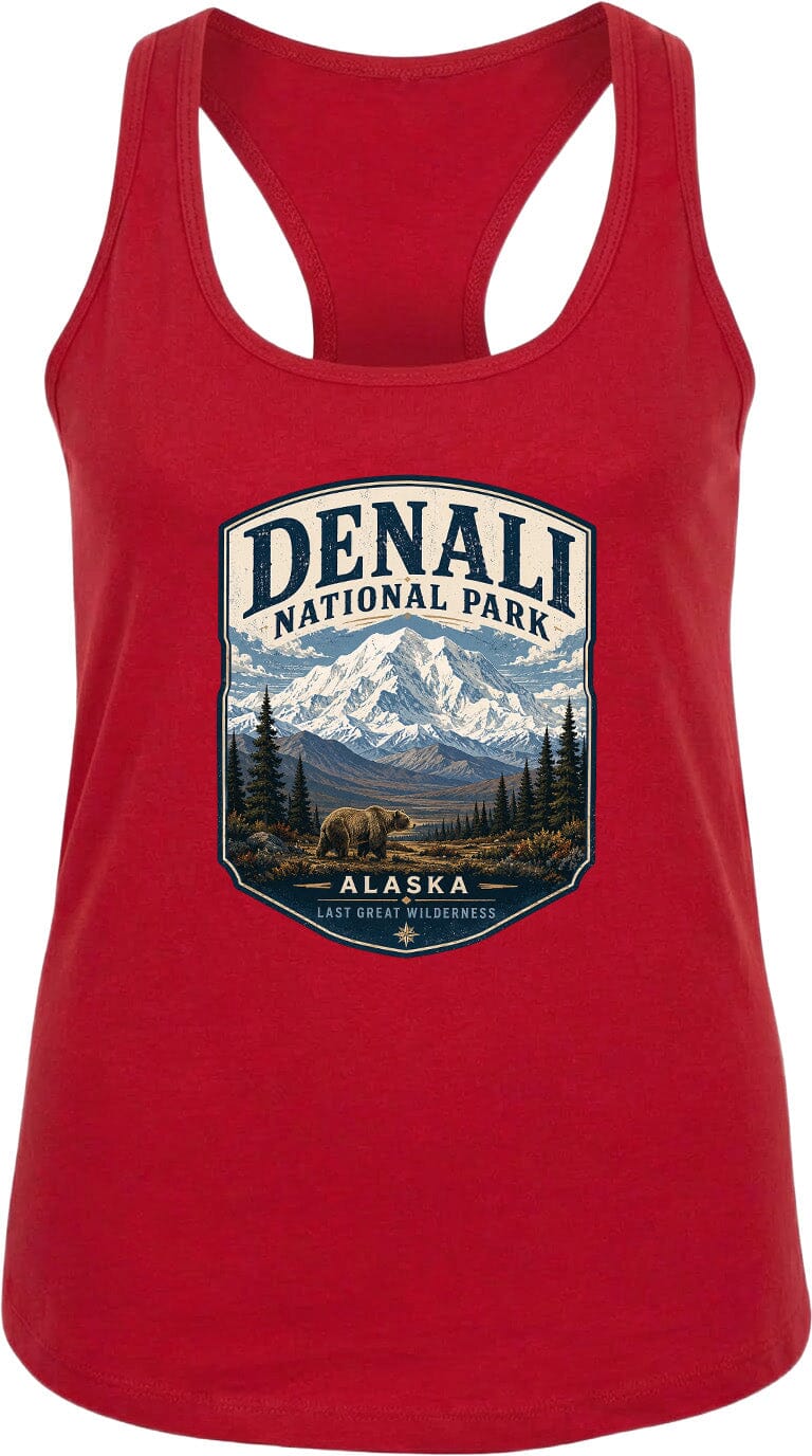 A red tank top with a graphic design depicting the Denali National Park in Alaska, featuring a mountain landscape and a bear.