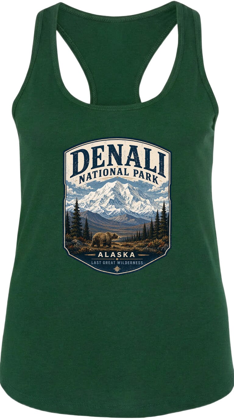 A green tank top with a graphic design depicting Denali National Park and Alaska.