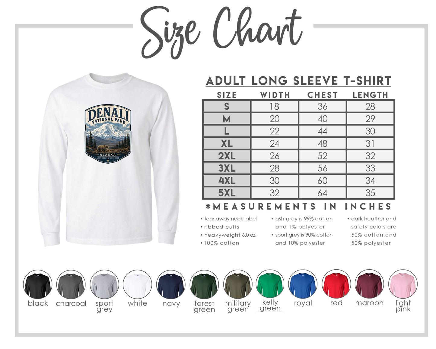 The image is a size chart for an adult long sleeve t-shirt, providing measurements and corresponding shirt colors.