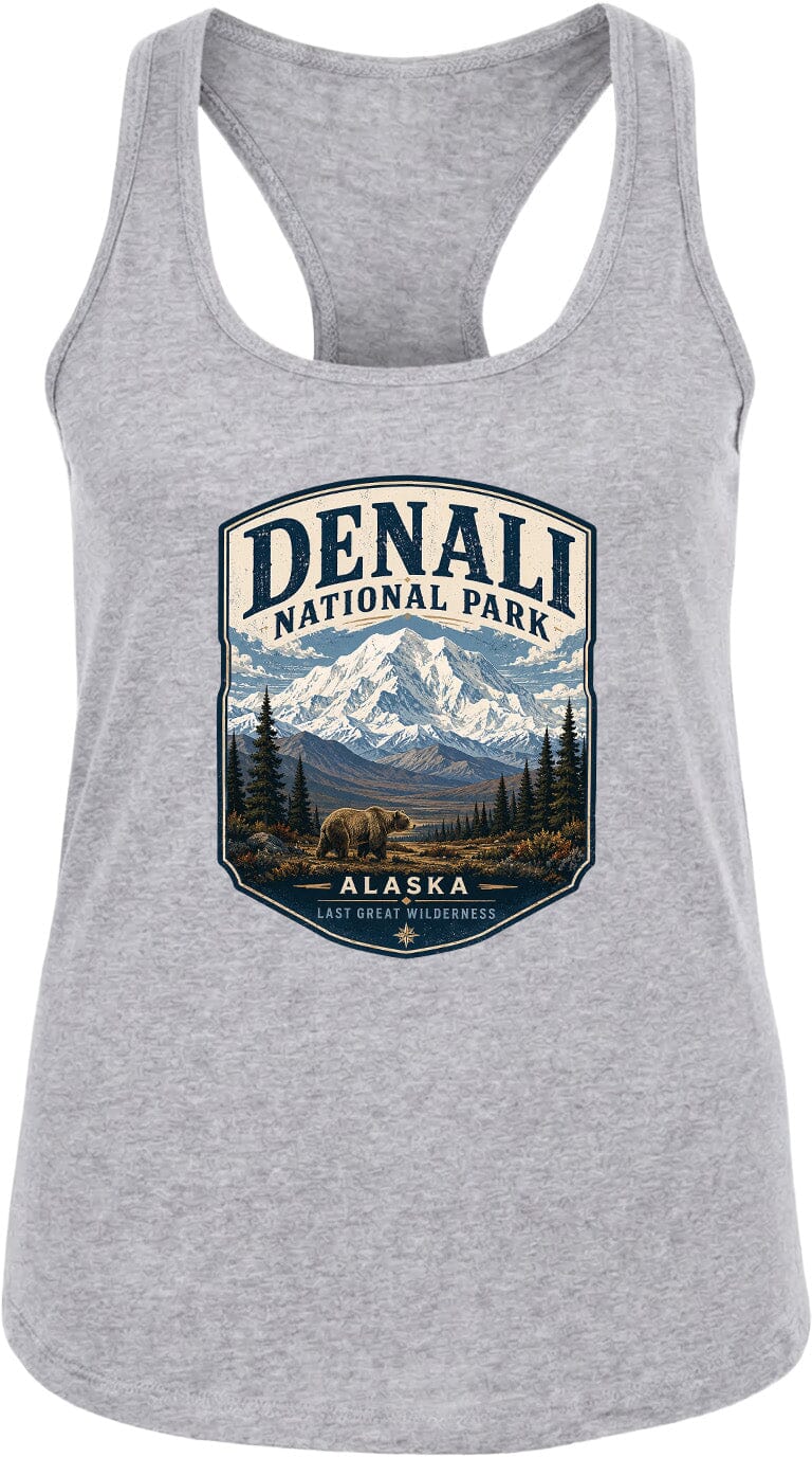 A gray tank top with a graphic design depicting Denali National Park in Alaska, featuring a mountain landscape with a bear in the foreground.