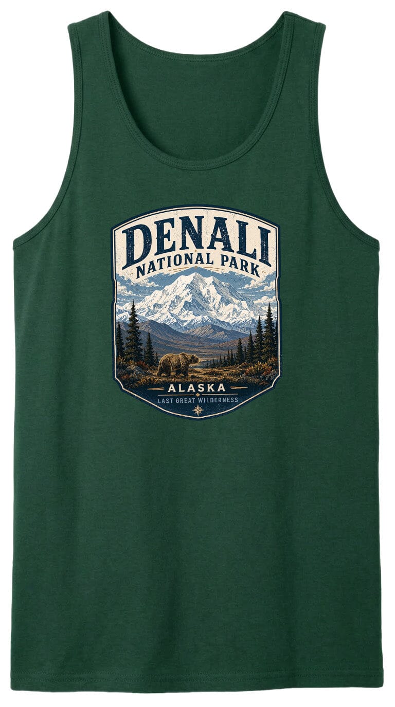 A green tank top with a graphic design featuring a mountain landscape and a bear, along with the text "DENALI NATIONAL PARK ALASKA LAST GREAT WILDERNESS".