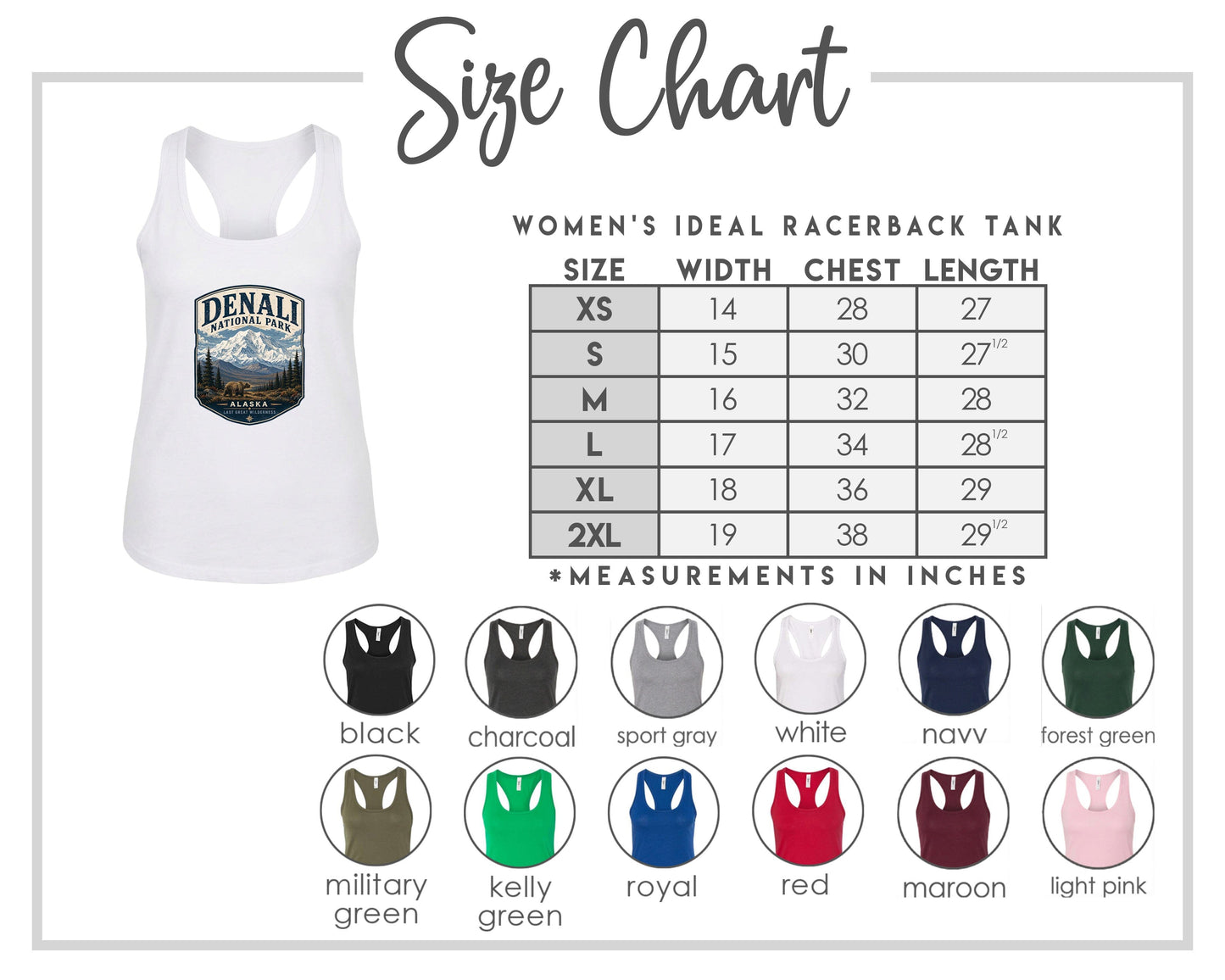 The image is a size chart for a women's ideal racerback tank, including a white tank with a mountain design and a table with size and color options.