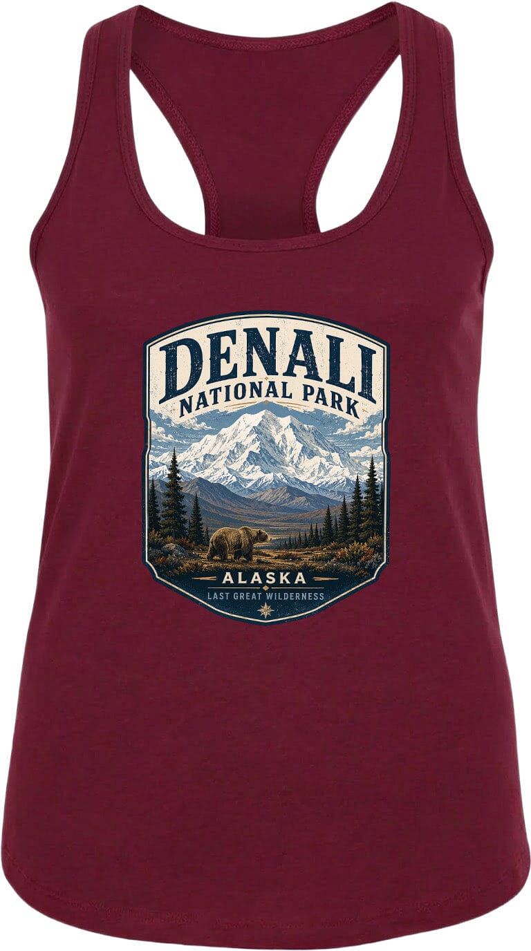 A red tank top with a graphic design depicting Denali National Park and Alaska.
