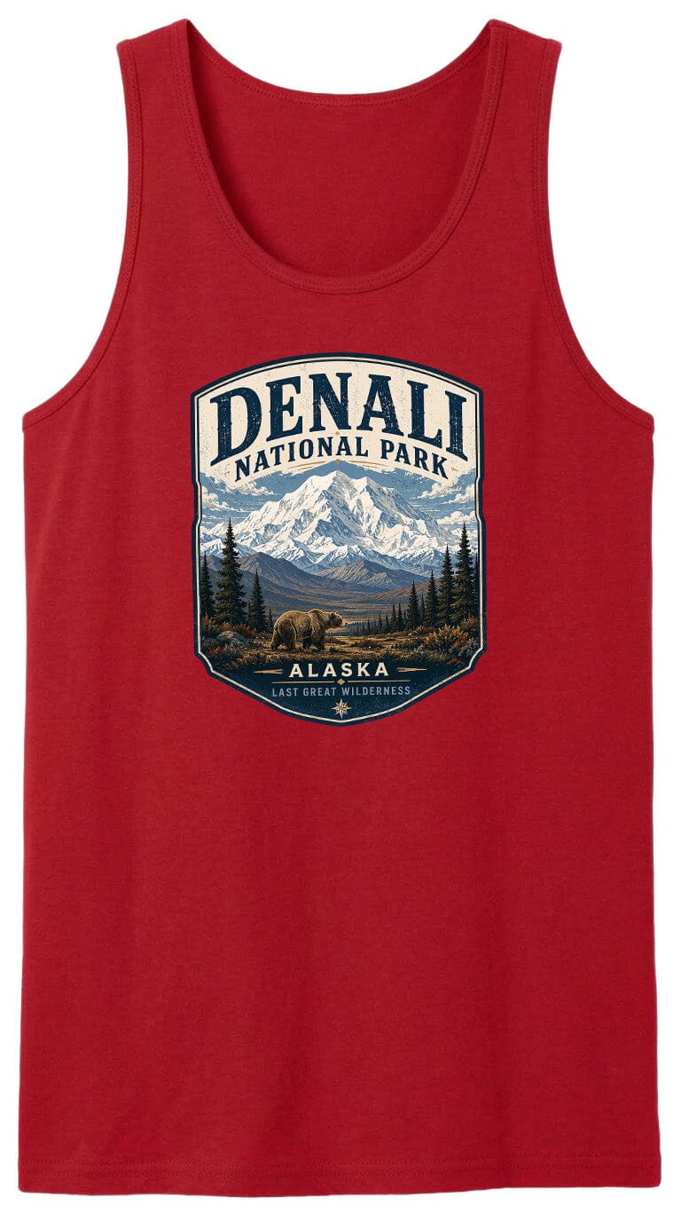 A red tank top with a graphic design depicting a mountain landscape with a bear, surrounded by text that says "DENALI NATIONAL PARK ALASKA LAST GREAT WILDERNESS".