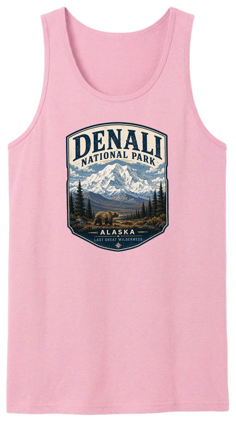 A pink tank top with a graphic design featuring a bear and mountains, along with the text "DENALI NATIONAL PARK ALASKA LAST GREAT WILDERNESS".