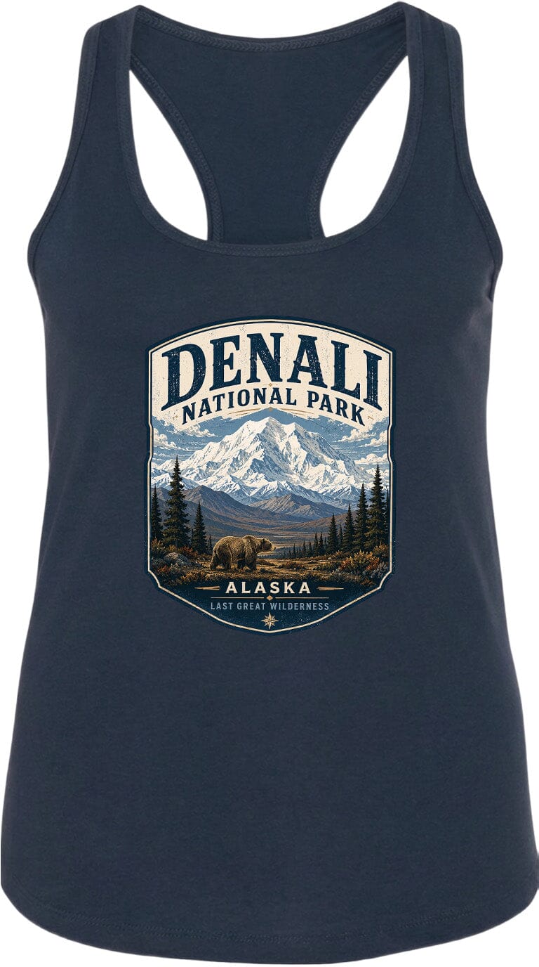 A tank top with a graphic design featuring a mountain landscape and the text "DENALI NATIONAL PARK ALASKA LAST GREAT WILDERNESS".