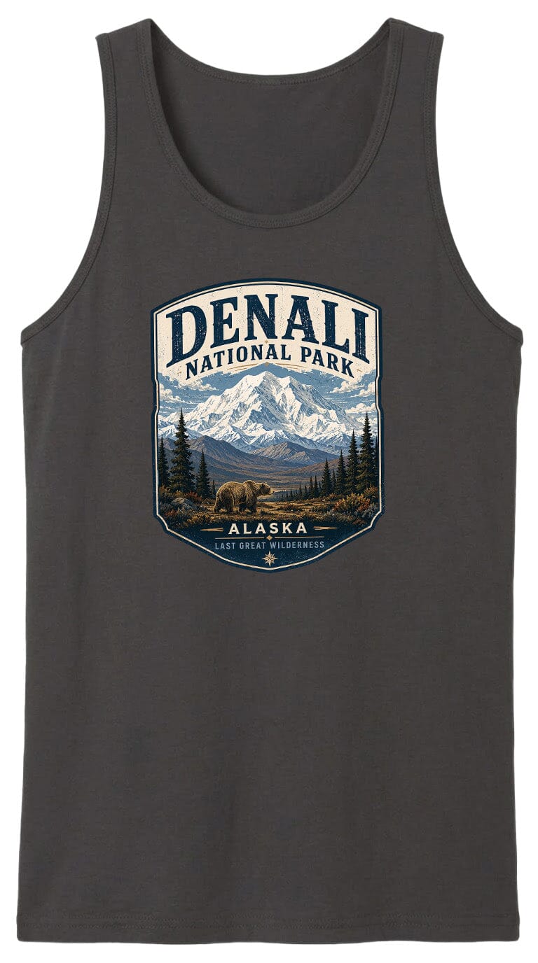 A gray tank top with a graphic design depicting Denali National Park in Alaska, featuring a bear and a mountain landscape.