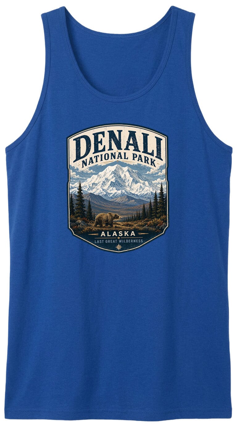 A blue tank top with a graphic design depicting the Denali National Park in Alaska, featuring a bear and mountains in the background.