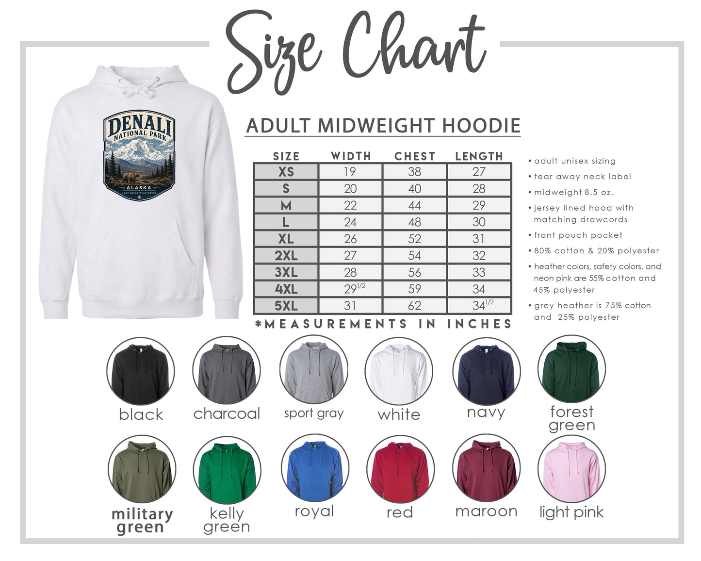 The image is a size chart for an adult midweight hoodie, including various color options and corresponding measurements in inches.
