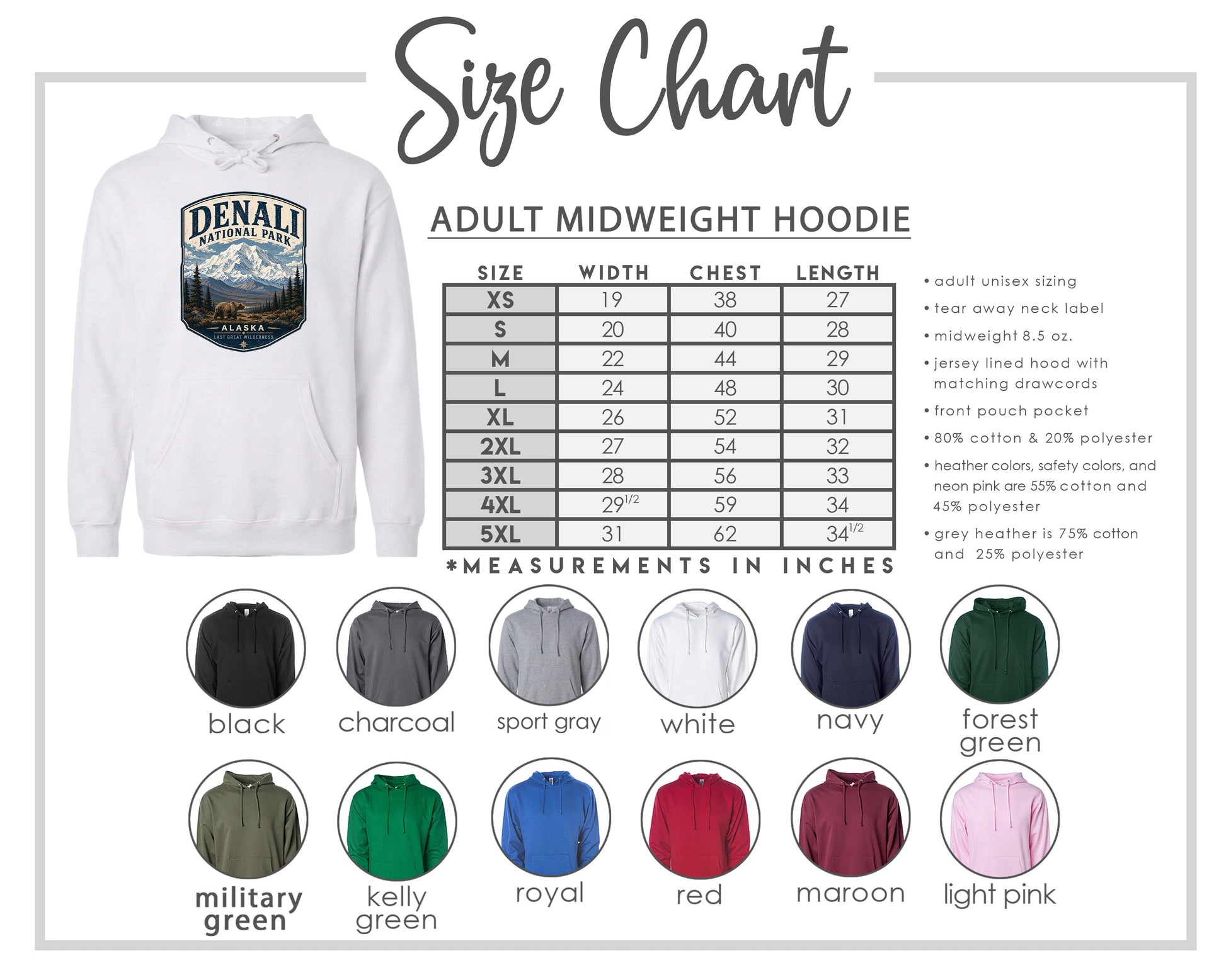 The image is a size chart for an adult midweight hoodie, including various color options and corresponding measurements in inches.