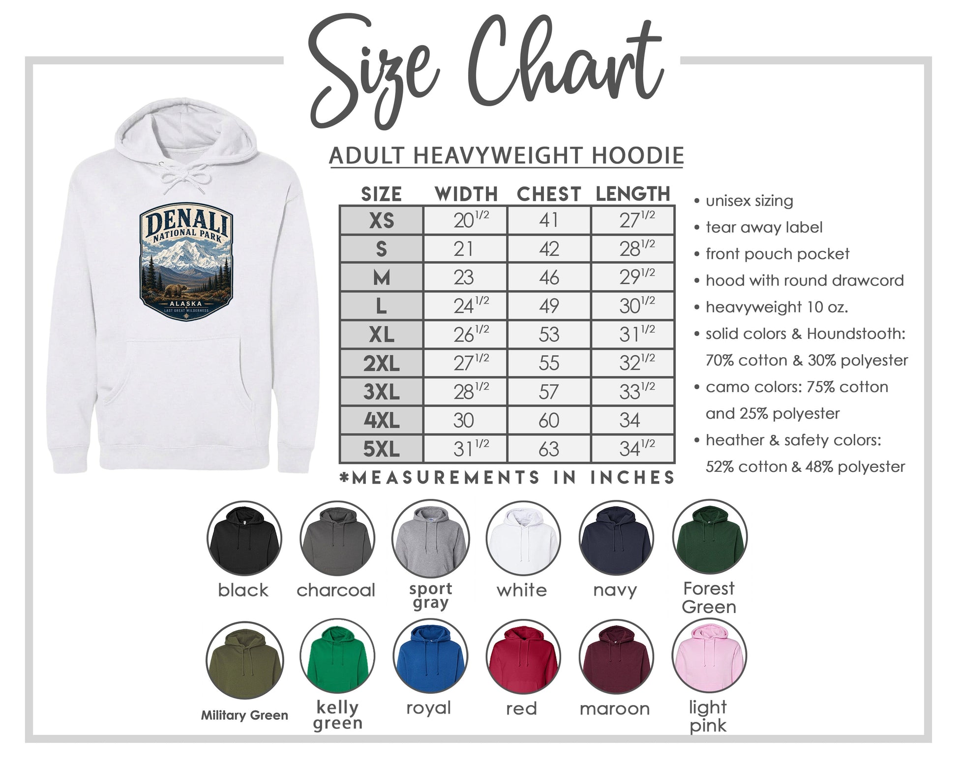 The image is a size chart for an adult heavyweight hoodie, including various color options and measurements in inches.