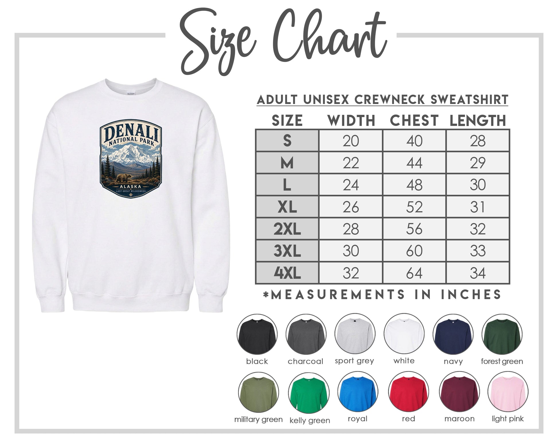 The image is a size chart for an adult unisex crewneck sweatshirt. It includes a white sweatshirt with a mountain and park logo, along with a table of size measurements and corresponding crew neck sizes.