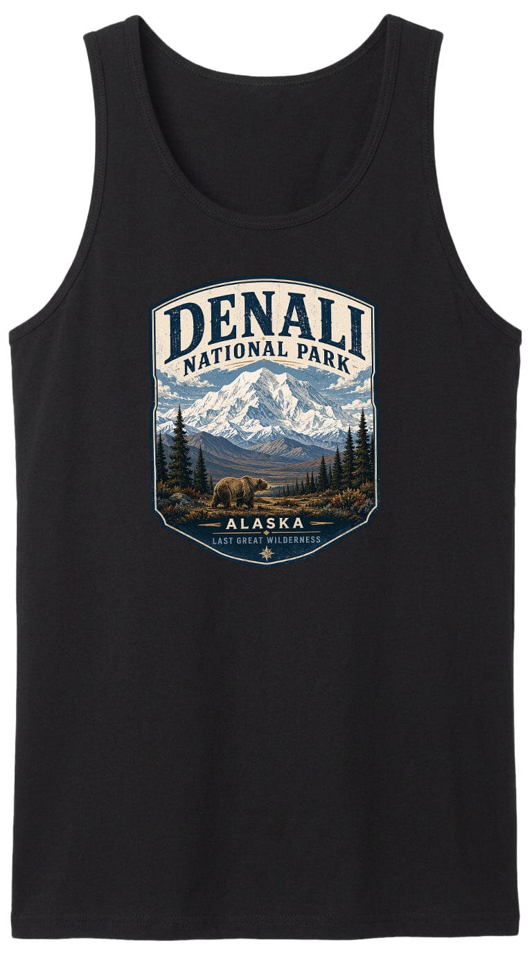 A black tank top with a graphic design depicting Denali National Park in Alaska, featuring a bear and a mountain landscape.