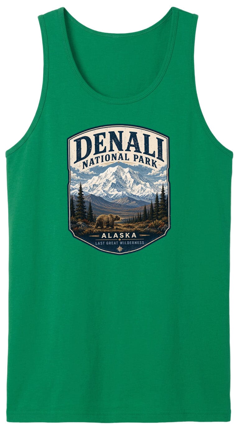 A green tank top with a graphic design depicting Denali National Park in Alaska, featuring a bear and mountains in the background.