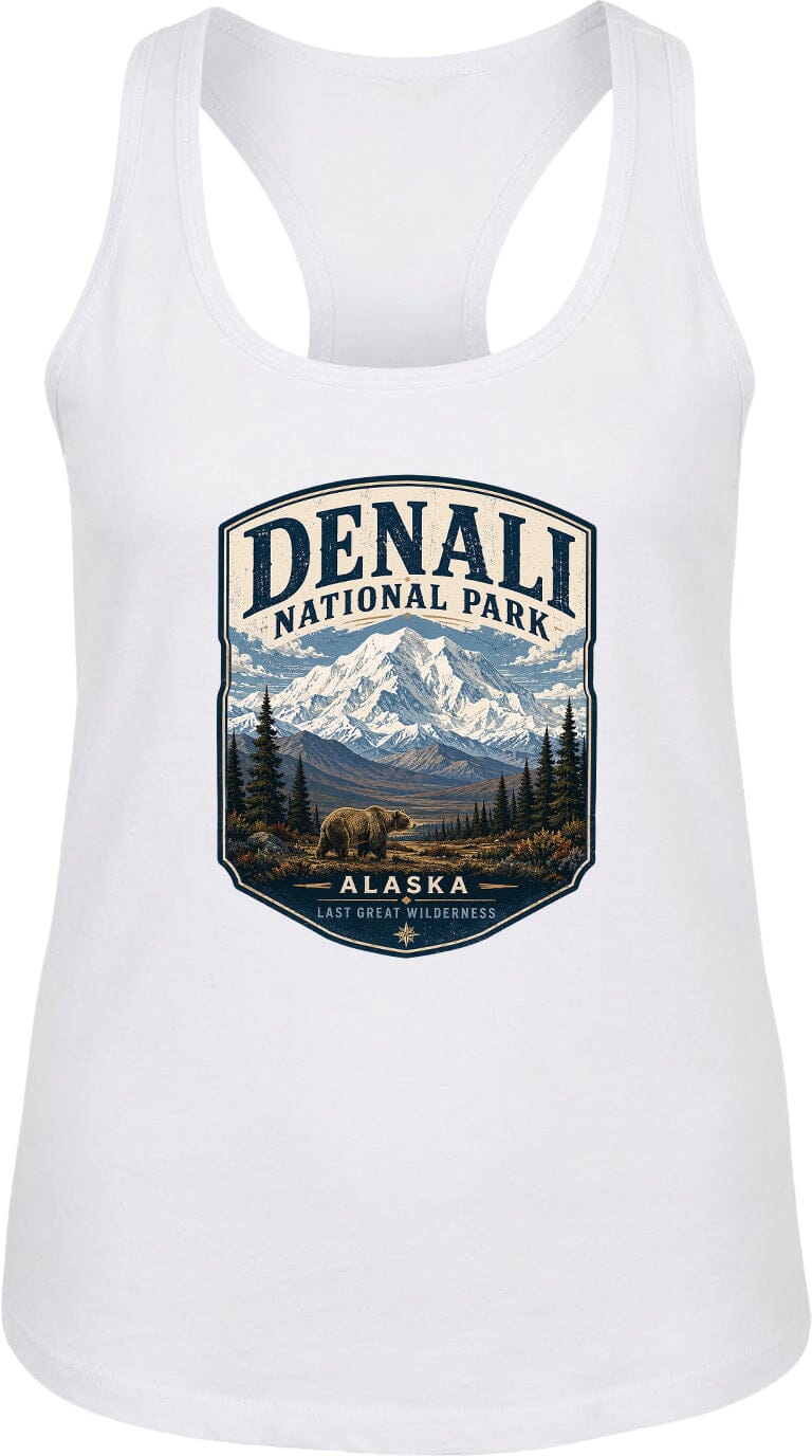 A white tank top with a graphic design depicting the Denali National Park in Alaska, featuring a mountain landscape with a bear in the foreground.