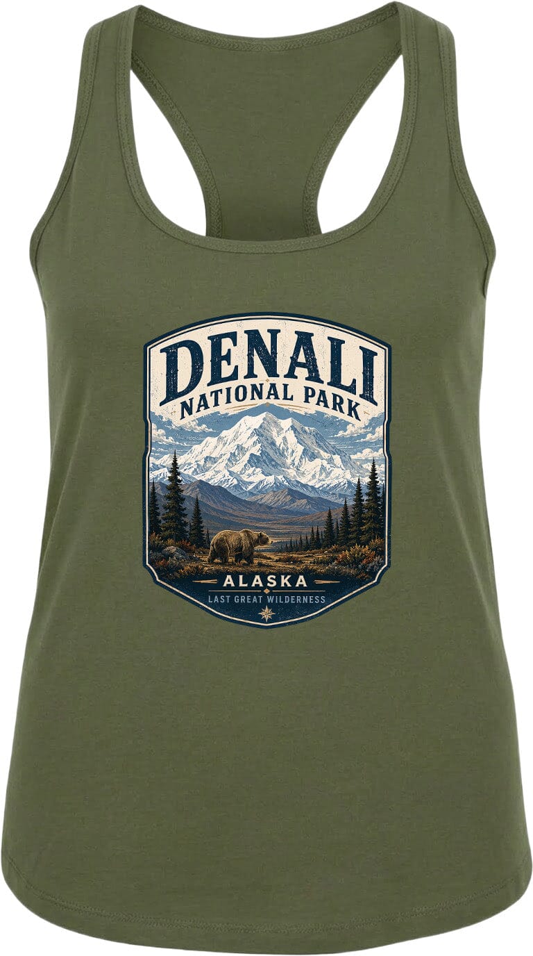 A green tank top with a graphic design depicting Denali National Park in Alaska, featuring a mountain landscape and a bear.