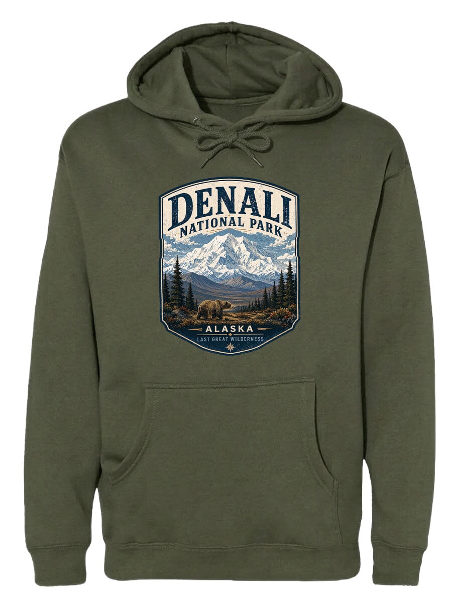 A hooded sweatshirt with a graphic design featuring a mountain landscape and the text "DENALI NATIONAL PARK ALASKA LAST GREAT WILDERNESS".