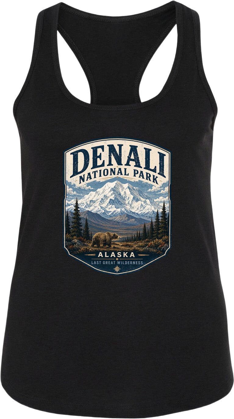 A black tank top with a graphic design depicting Denali National Park in Alaska, featuring a mountain landscape with a bear in the foreground.