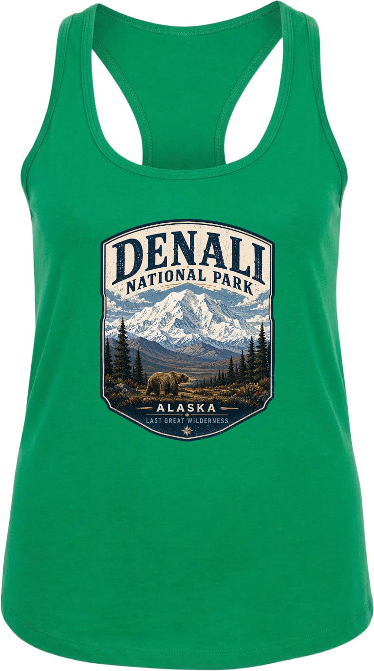 A green tank top with a graphic design depicting Denali National Park and Alaska.