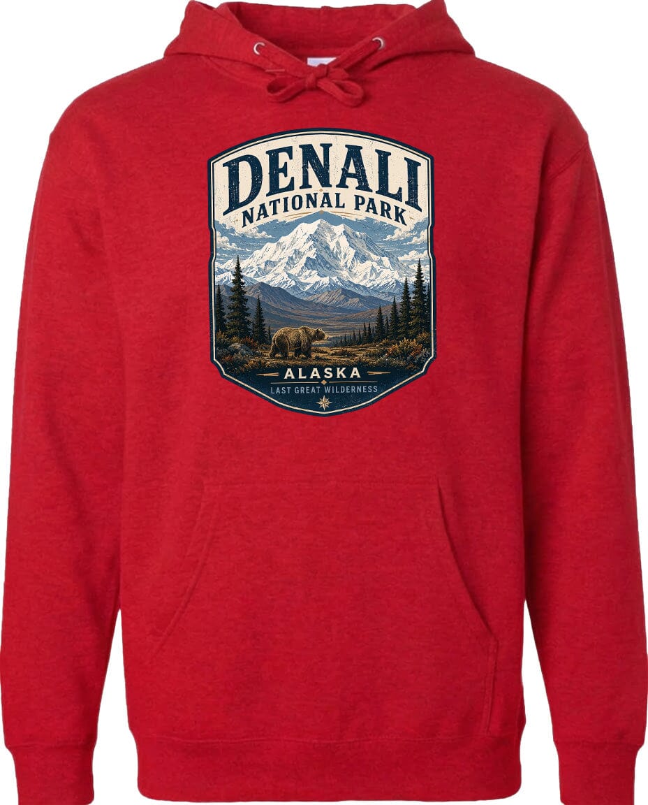 A red hoodie with a graphic design depicting Denali National Park and Alaska.