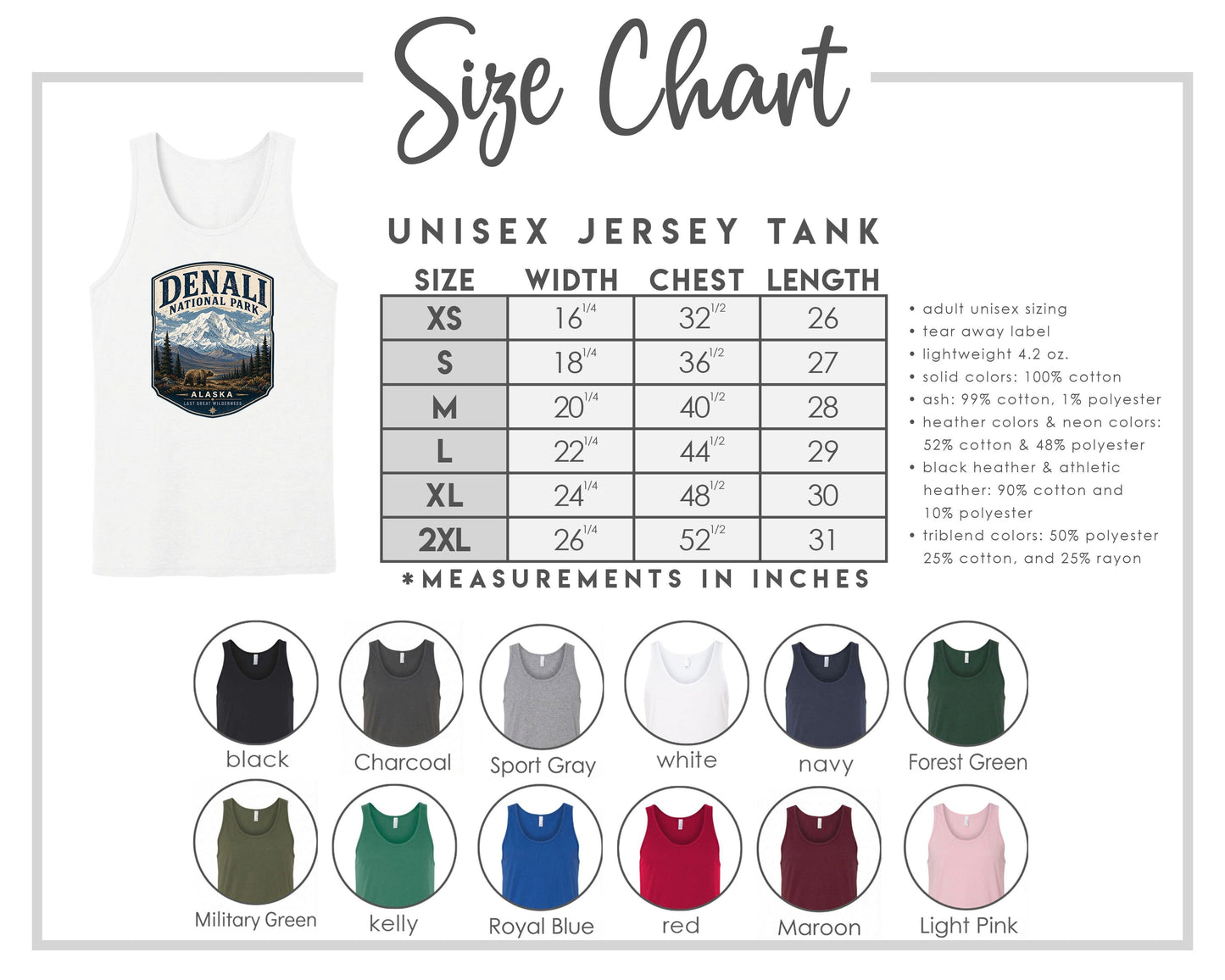 The image is a size chart for a unisex jersey tank, providing measurements and corresponding tank sizes for different chest lengths.