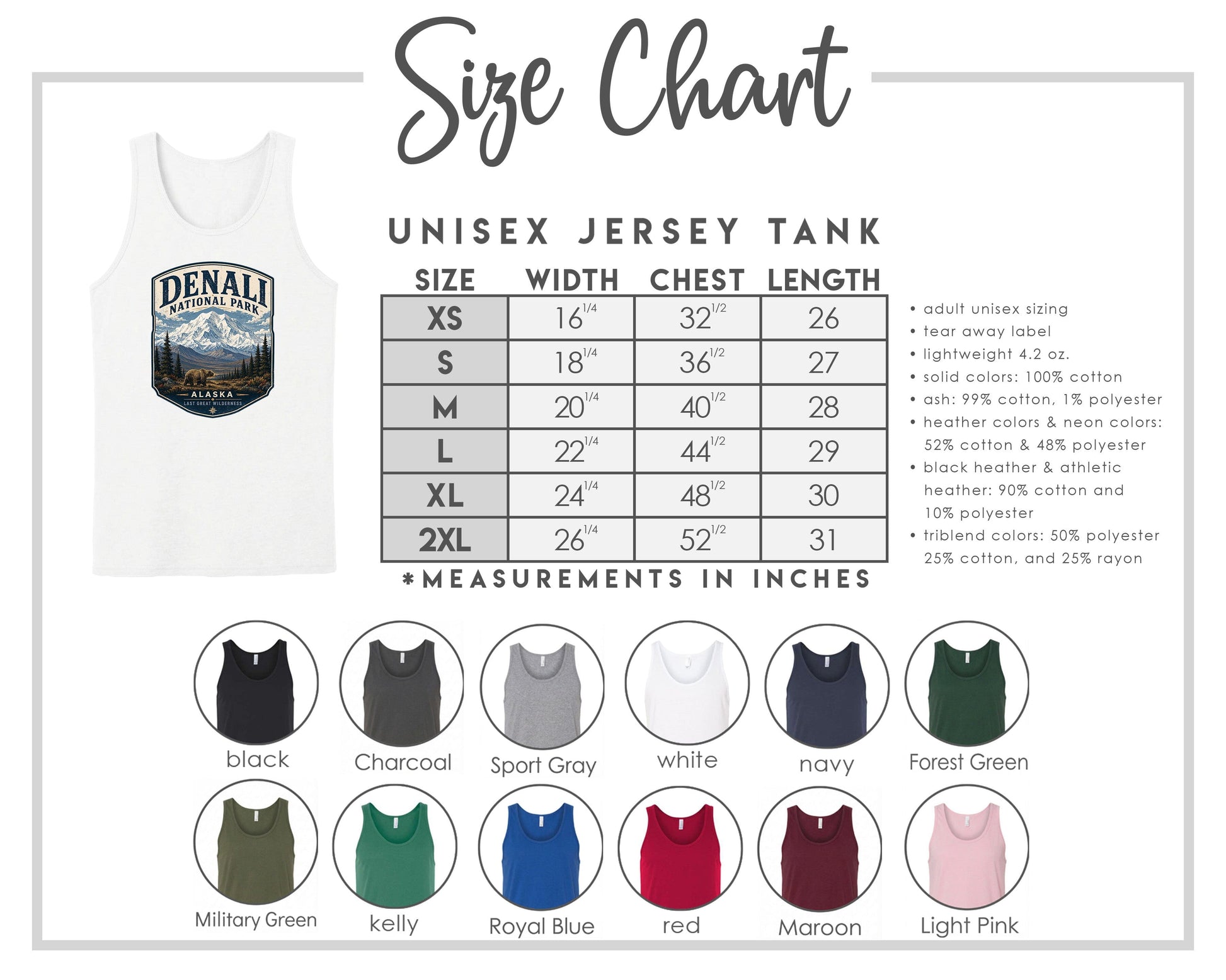 The image is a size chart for a unisex jersey tank, providing measurements and corresponding tank sizes for different chest lengths.