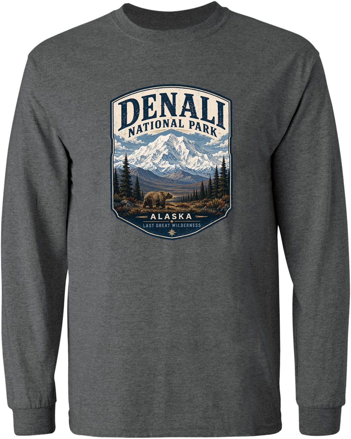 A gray long-sleeved t-shirt with a graphic design depicting a mountain landscape with a bear in the foreground, surrounded by pine trees and mountains.