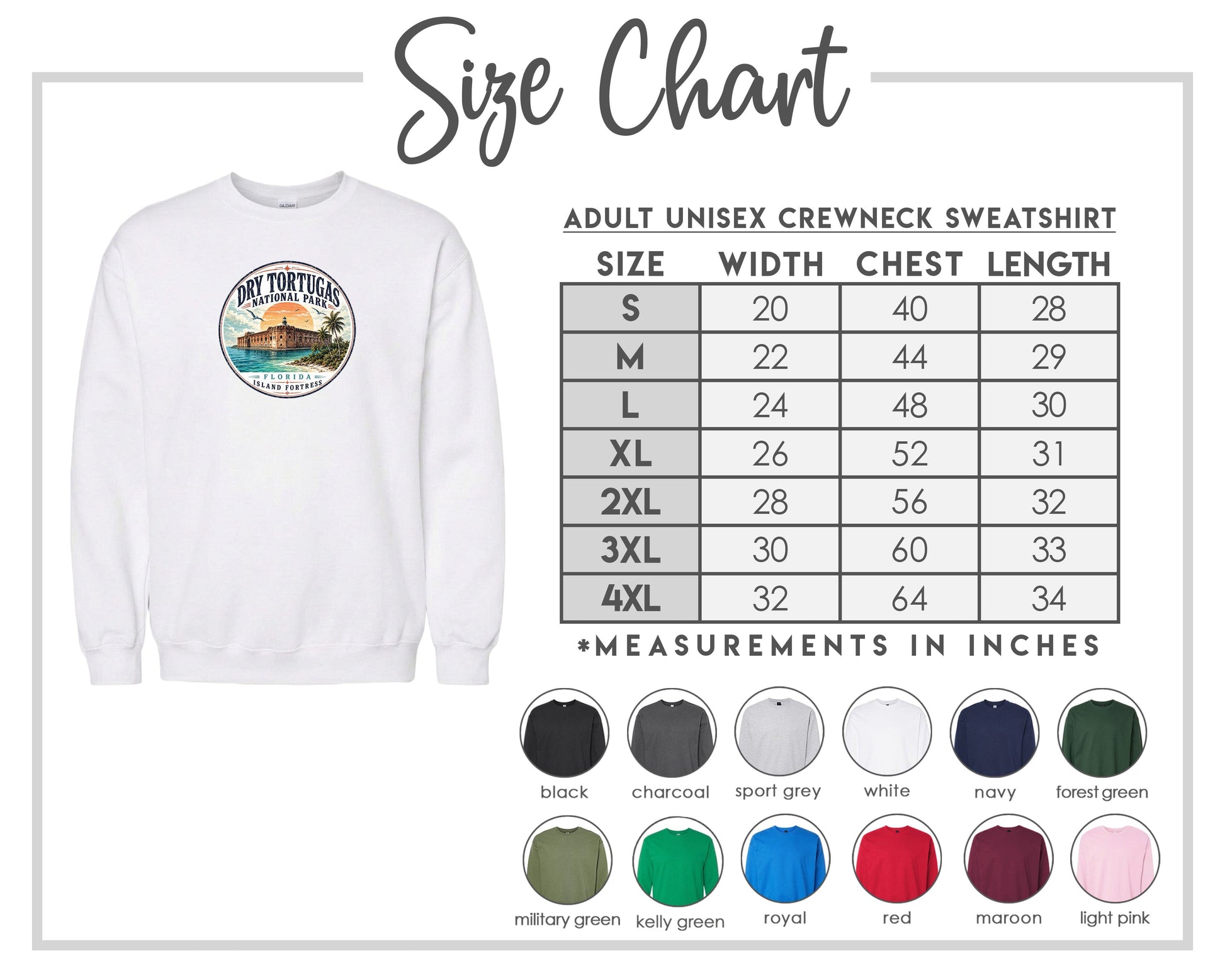 The image is a size chart for an adult unisex crewneck sweatshirt. It includes a white sweatshirt with a graphic design and a table with size and chest length measurements.