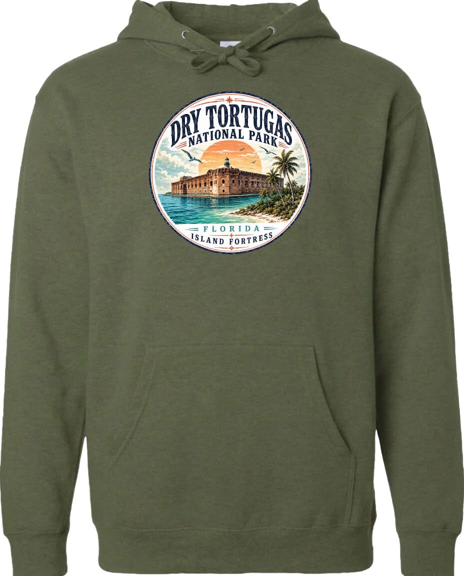 A hoodie with a circular design featuring a tropical island and a building, along with the text "Dry Tortugas National Park, Florida Island Fortresses".