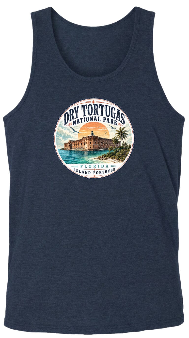 A graphic design on a dark tank top featuring a circular emblem with a building and palm trees, surrounded by text that reads "Dry Tortugas National Park, Florida, Island Fortresses".