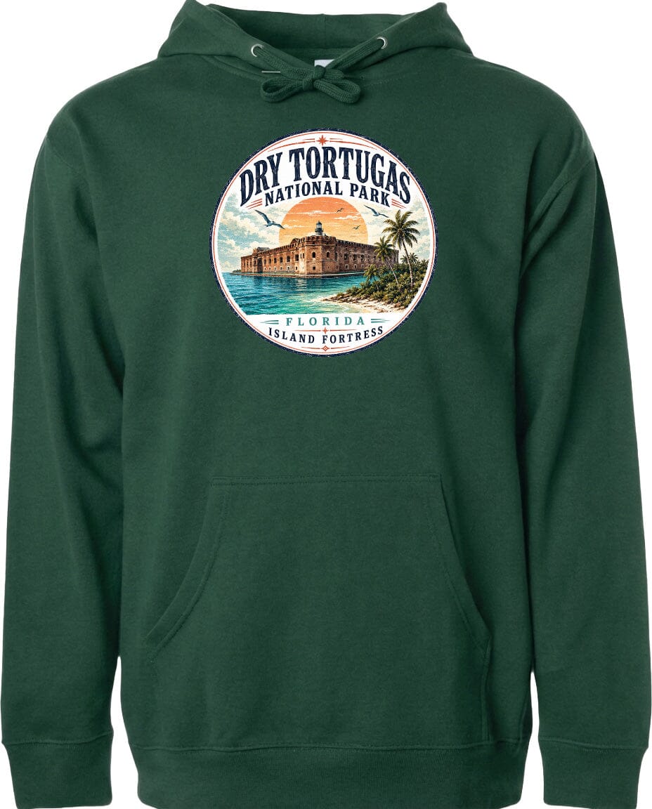 A green hoodie with a circular design featuring a tropical island and a building, along with the text "Dry Tortugas National Park, Florida Island Fortress".