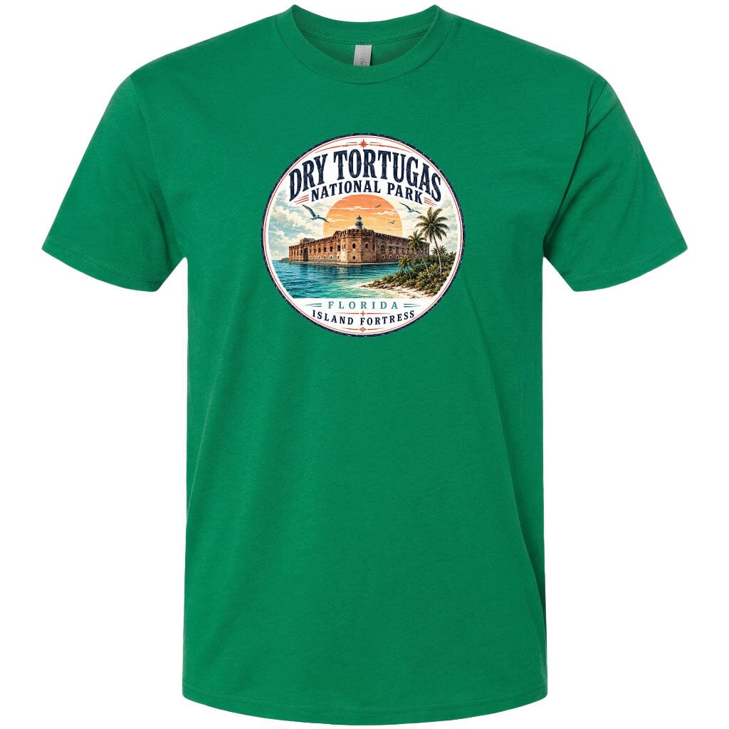 A green t-shirt with a circular graphic design featuring a tropical beach scene with a building and palm trees.