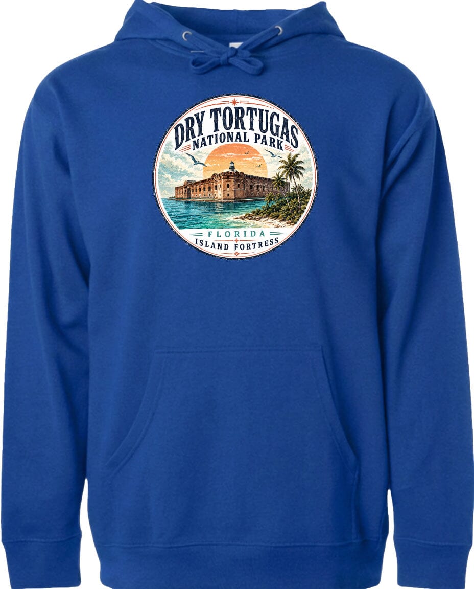 A blue hoodie with a circular design featuring a tropical island and a building, along with the text "Dry Tortugas National Park, Florida Island Fortress".