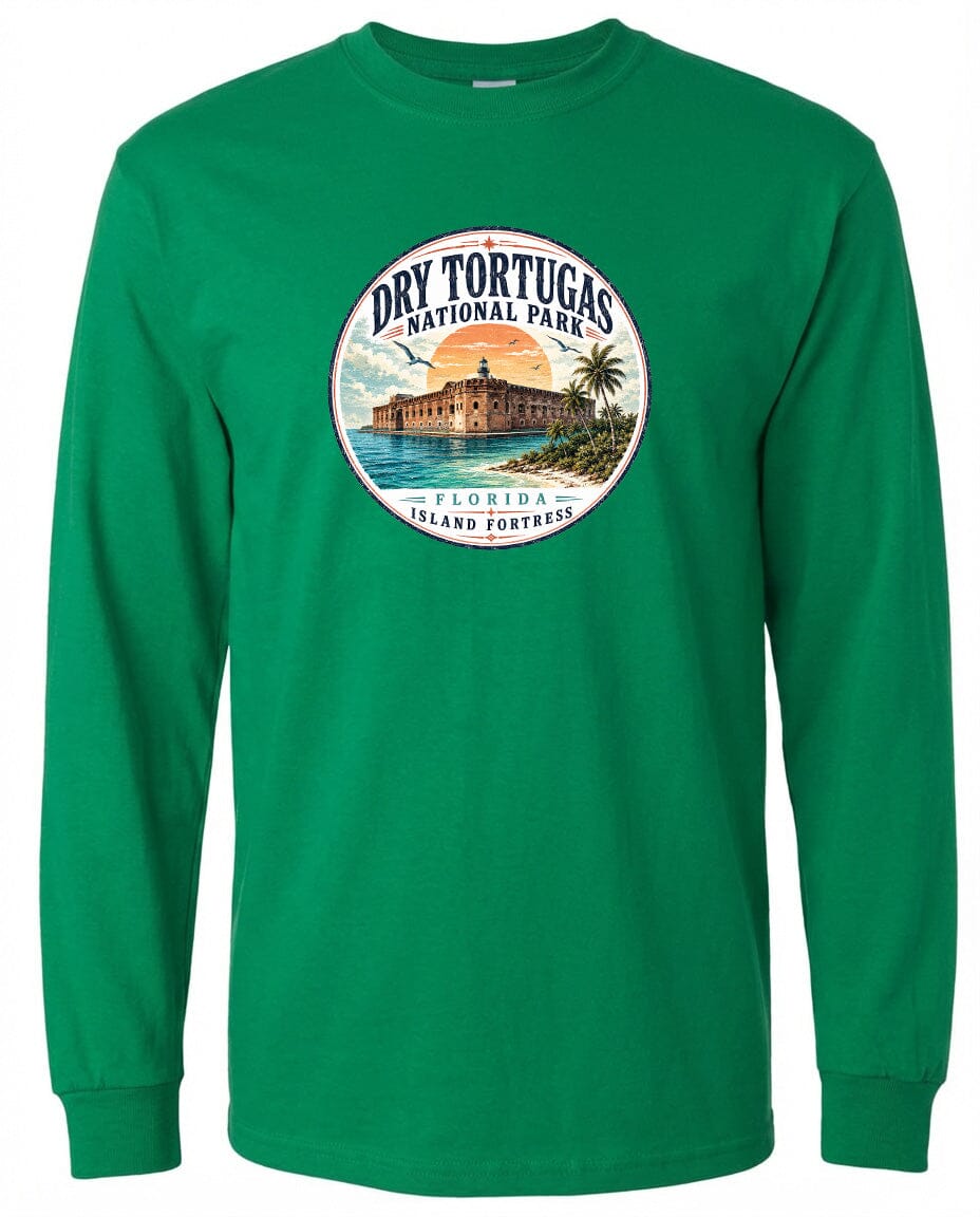 A green long-sleeved shirt with a circular design featuring a building and palm trees, along with the text "Dry Tortugas National Park, Florida Island Fortress".