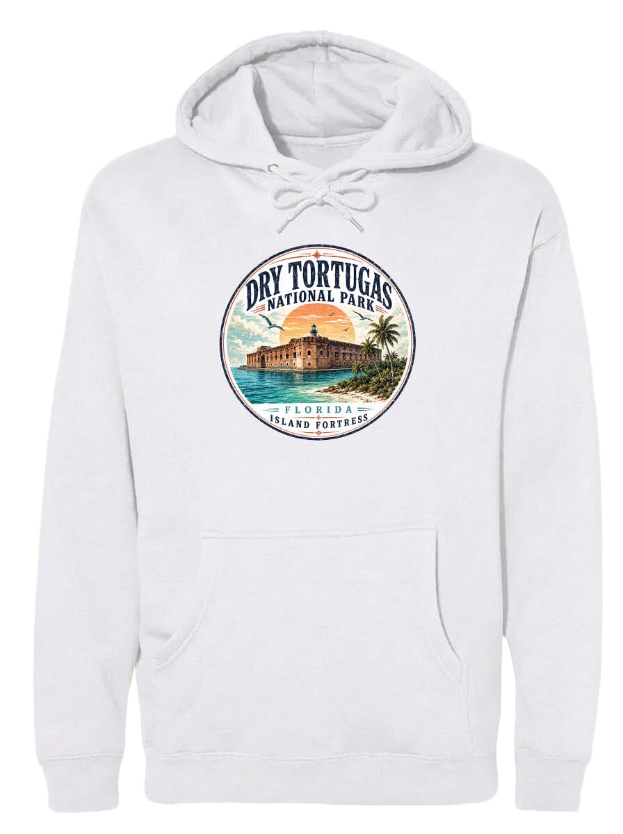 A white hoodie with a circular graphic design featuring a tropical island with a castle, palm trees, and a sunset.