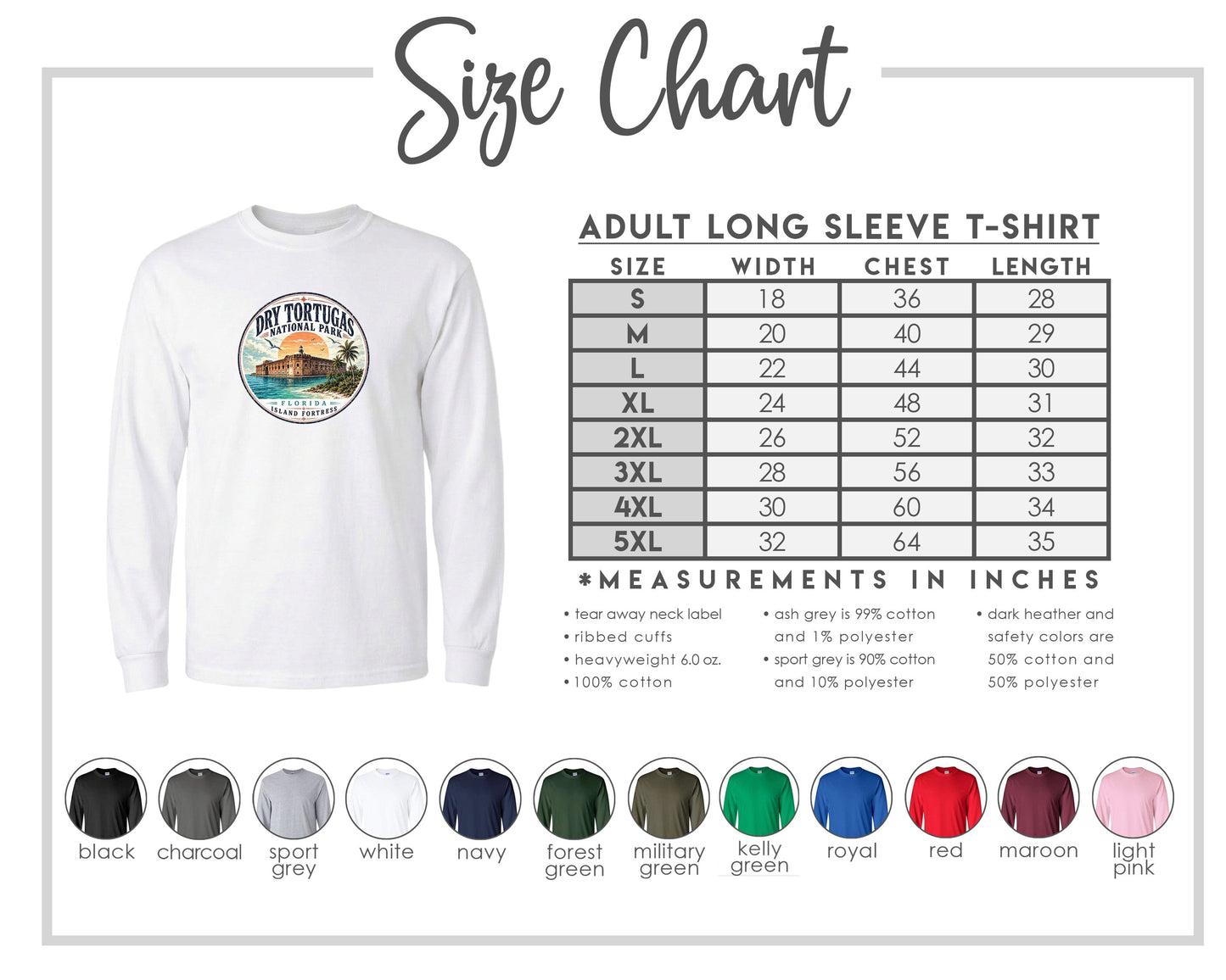 The image is a size chart for an adult long sleeve t-shirt, providing measurements and corresponding shirt colors.