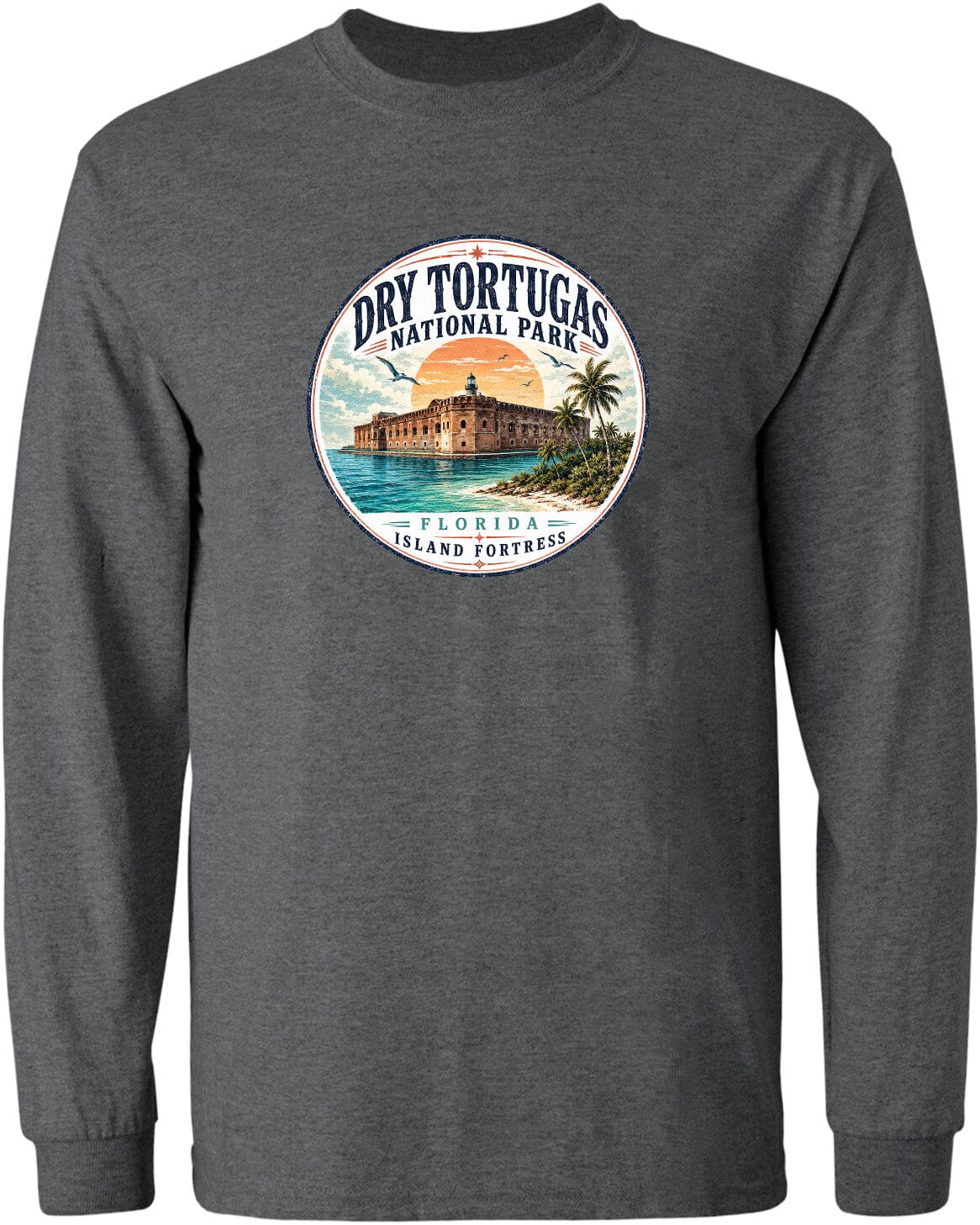 A circular graphic on a gray long-sleeved shirt, featuring a building and palm trees, with the text "Dry Tortugas National Park" and "Florida Island Fortresses" printed on it.